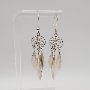 Vintage Sterling Silver Dream Catcher & Feathers Dangle Earrings 2.5”